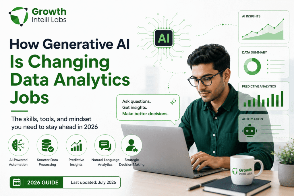 How Generative AI is changing data analytics jobs in 2026 with AI-powered automation, predictive analytics, dashboards, and business intelligence by Growth Intelli Labs.